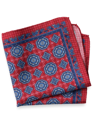 Medallion Silk Pocket Square - Red/blue