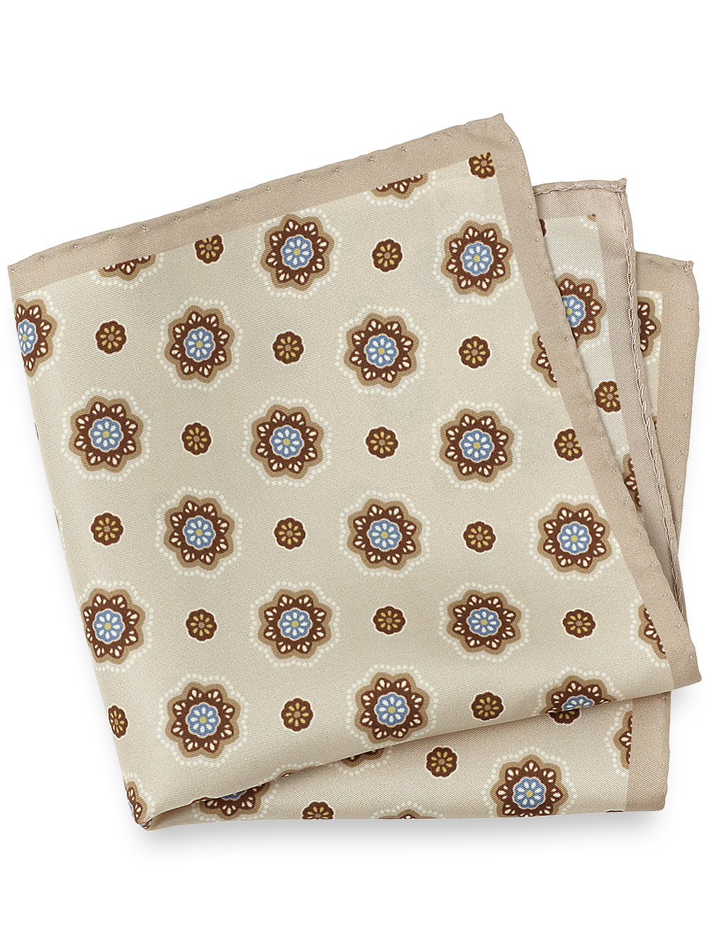 Product Image of Medallion Silk Pocket Square-Tan/Blue