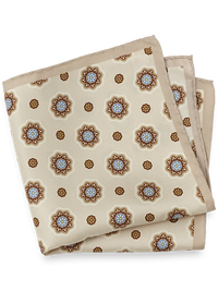 Medallion Silk Pocket Square - Tan/blue