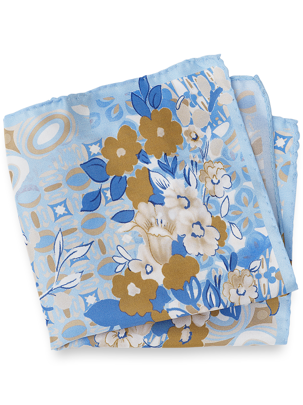 Product Image of Floral Silk Pocket Square-Blue/Gold