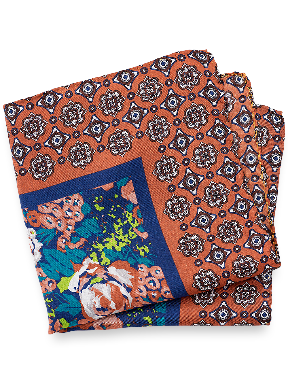 Product Image of Medallion Silk Pocket Square-Orange/Blue