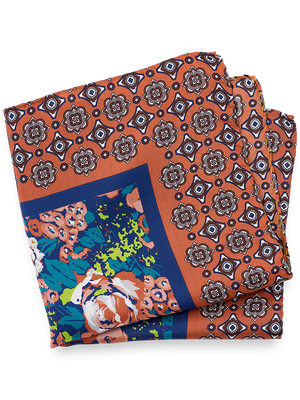 Medallion Silk Pocket Square - Orange/blue