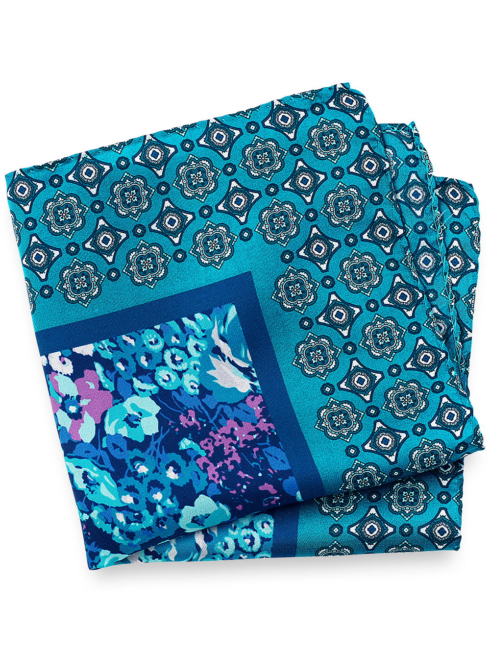 Product Image of Medallion Silk Pocket Square-Teal/Blue