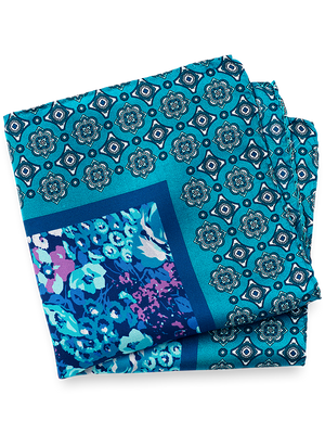 Medallion Silk Pocket Square - Teal/blue