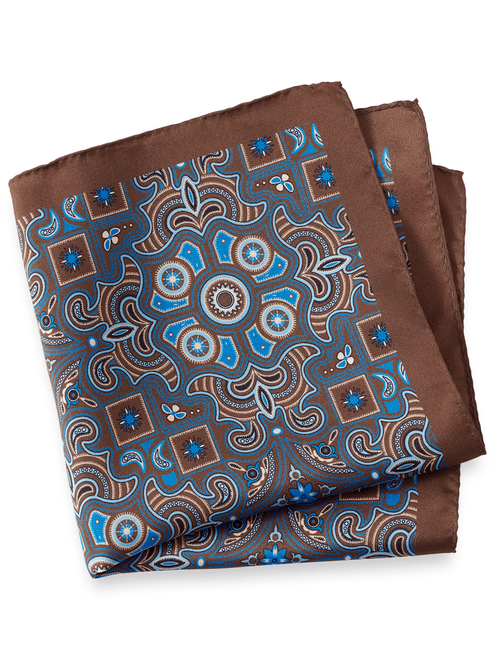 Product Image of Medallion Silk Pocket Square-Brown/Blue