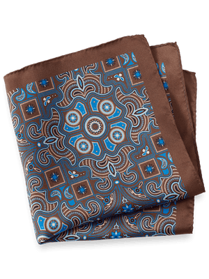 Medallion Silk Pocket Square - Brown/blue