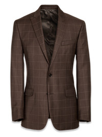 Classic Fit Essential Wool Peak Lapel Side Vents Suit Jacket - Brown Windowpane