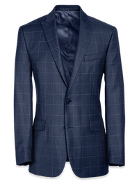 Classic Fit Essential Wool Peak Lapel Side Vents Suit Jacket - Navy Windowpane