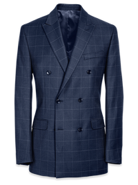 Classic Fit Essential Wool Double Breasted Peak Lapel Suit Jacket - Navy Windowpane