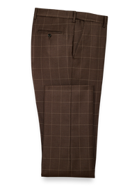 Classic Fit Essential Wool Flat Front Suit Pants - Brown Windowpane