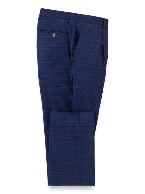 Wool Stretch Plaid Single Pleat Suit Pants - Blue