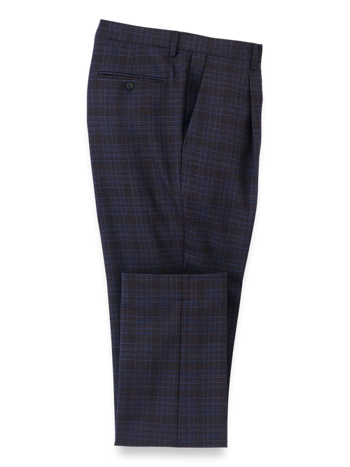 Wool Stretch Plaid Single Pleat Suit Pants - Brown/navy