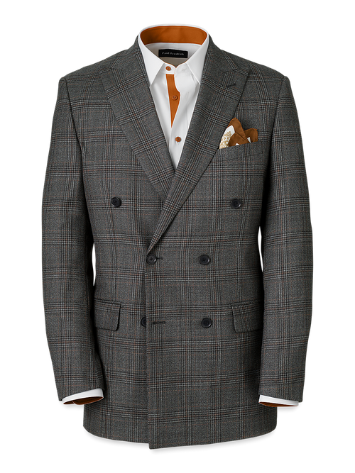 Wool Plaid Double Breasted Peak Lapel Suit Jacket - Charcoal