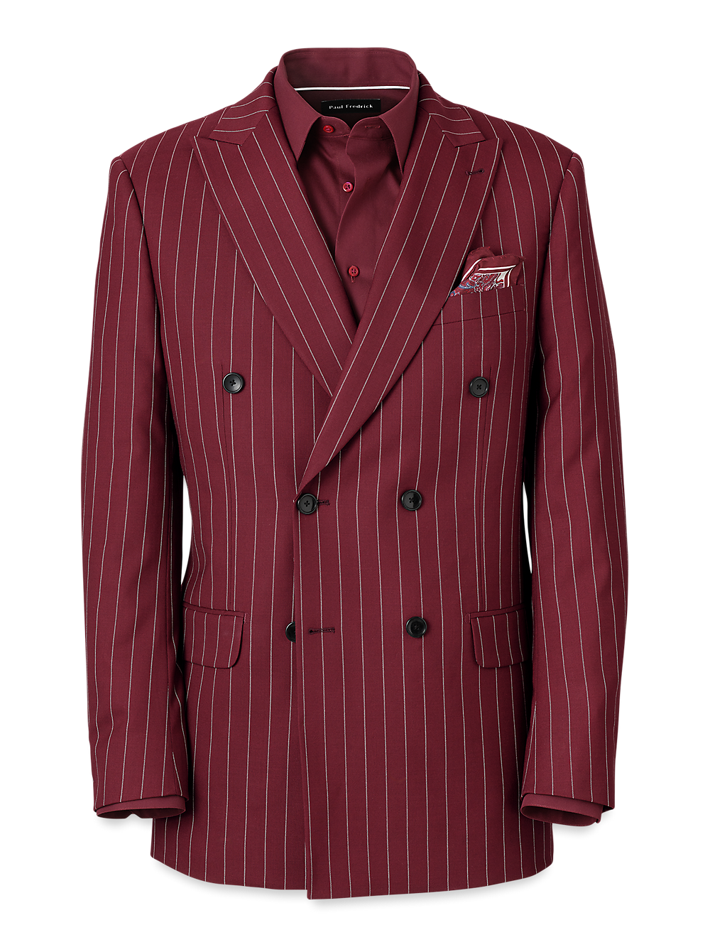 Product Image of Wool Stretch Stripe Double Breasted Suit Jacket-Burgundy