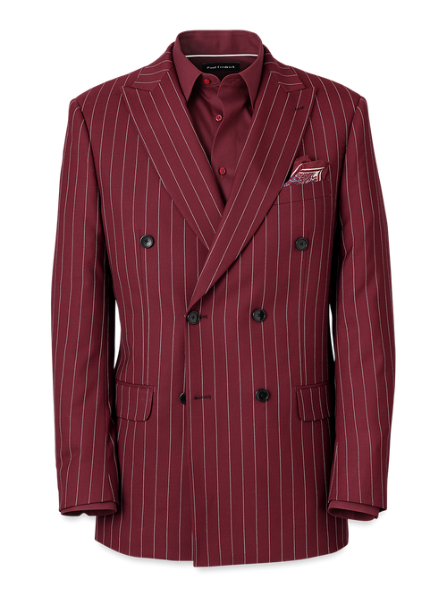 Wool Stretch Stripe Double Breasted Suit Jacket - Burgundy