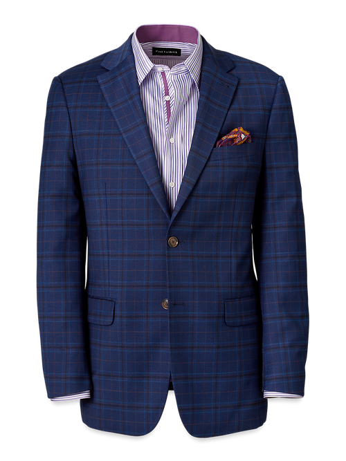 Wool Stretch Plaid Single Breasted Suit Jacket - Blue