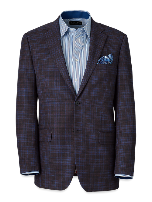 Wool Stretch Plaid Single Breasted Suit Jacket - Brown/navy