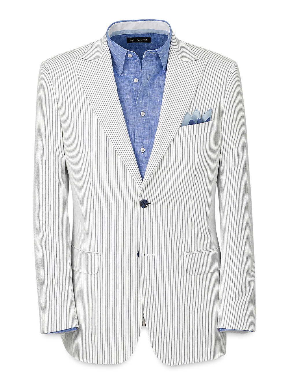 Product Image of Cotton Stretch Seersucker Pinstripe Peak Lapel Suit Jacket-White/Blue