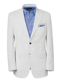 Cotton Stretch Seersucker Pinstripe Peak Lapel Suit Jacket - White/blue