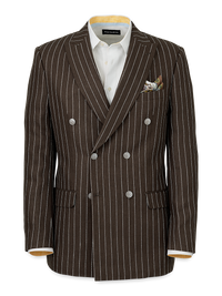 Linen Pinstripe Double Breasted Peak Lapel Suit Jacket - Dark Brown