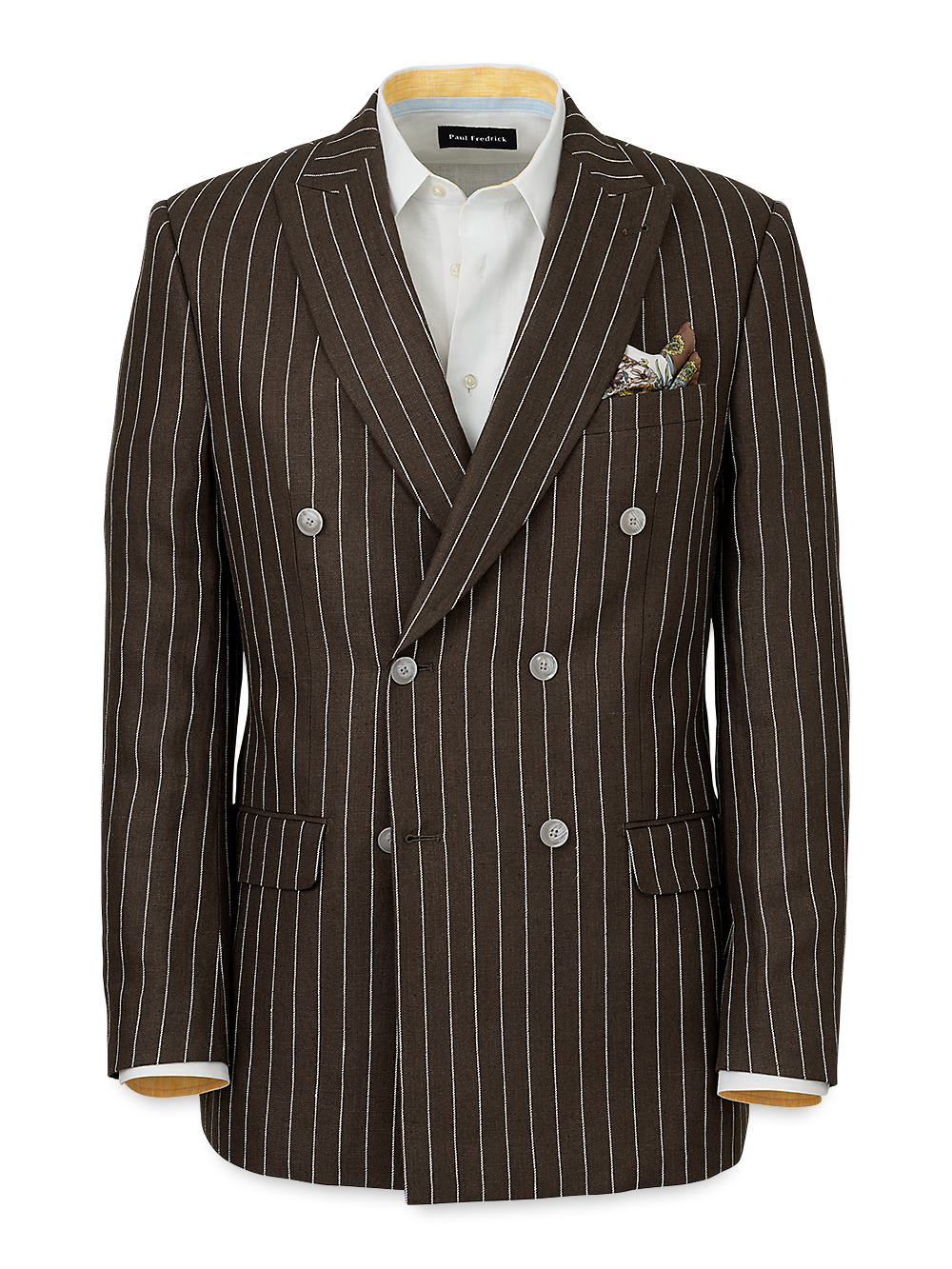 Linen Pinstripe Double Breasted Peak Lapel Suit Jacket - Dark Brown ...