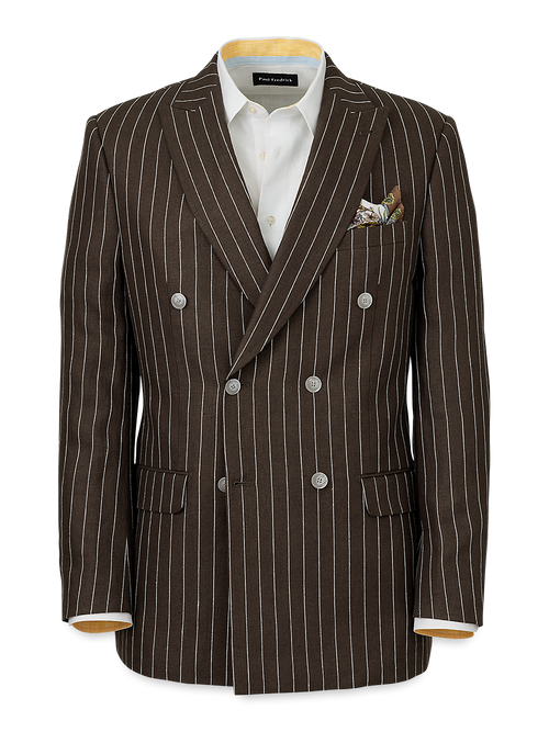 Linen Pinstripe Double Breasted Peak Lapel Suit Jacket - Dark Brown