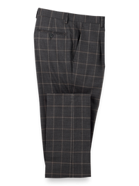 Wool Stretch Windowpane Single Pleat Suit Pants - Grey