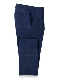 Wool Stretch Windowpane Single Pleat Suit Pants - Navy