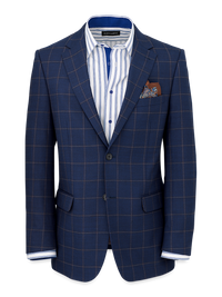 Wool Stretch Windowpane Notch Lapel Suit Jacket - Navy