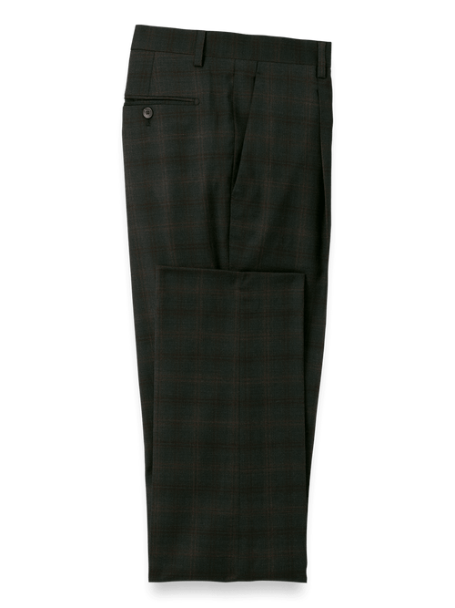 Wool Stretch Plaid Single Pleat Suit Pants - Dark Olive