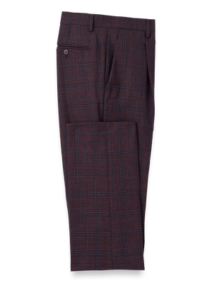 Wool Plaid Single Pleat Suit Pants - Wine