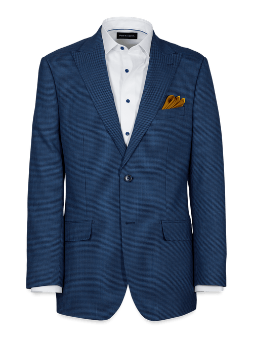 Wool Houndstooth Single Breasted Peak Lapel Suit Jacket - Blue