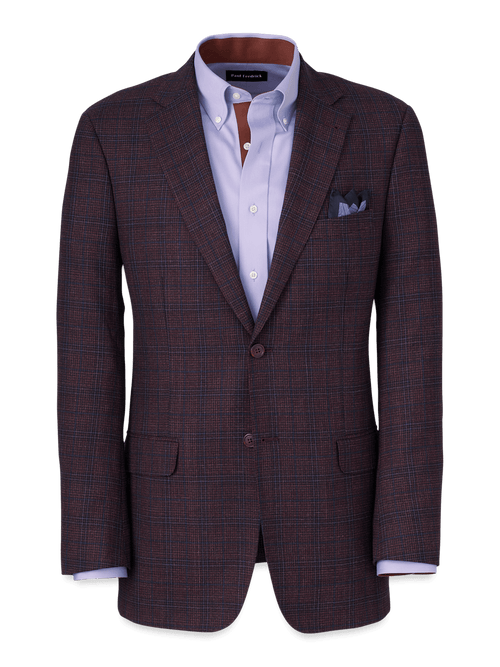 Wool Plaid Single Breasted Notch Lapel Suit Jacket - Wine