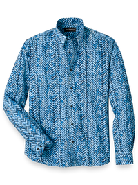 Cotton Herringbone Print Casual Shirt - Blue