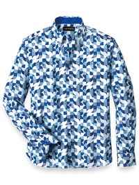 Cotton Deco Print Casual Shirt With Contrast Trim - Blue