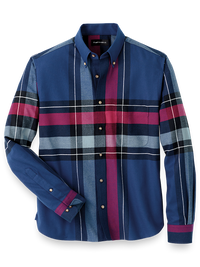 Brushed Twill Plaid Casual Shirt - Navy