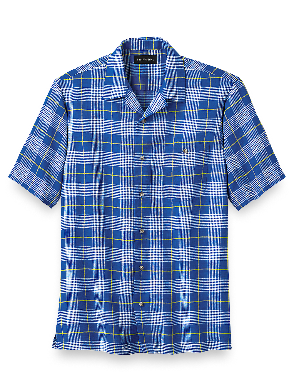 Product Image of Linen Glen Plaid Casual Shirt-Cobalt/Yellow