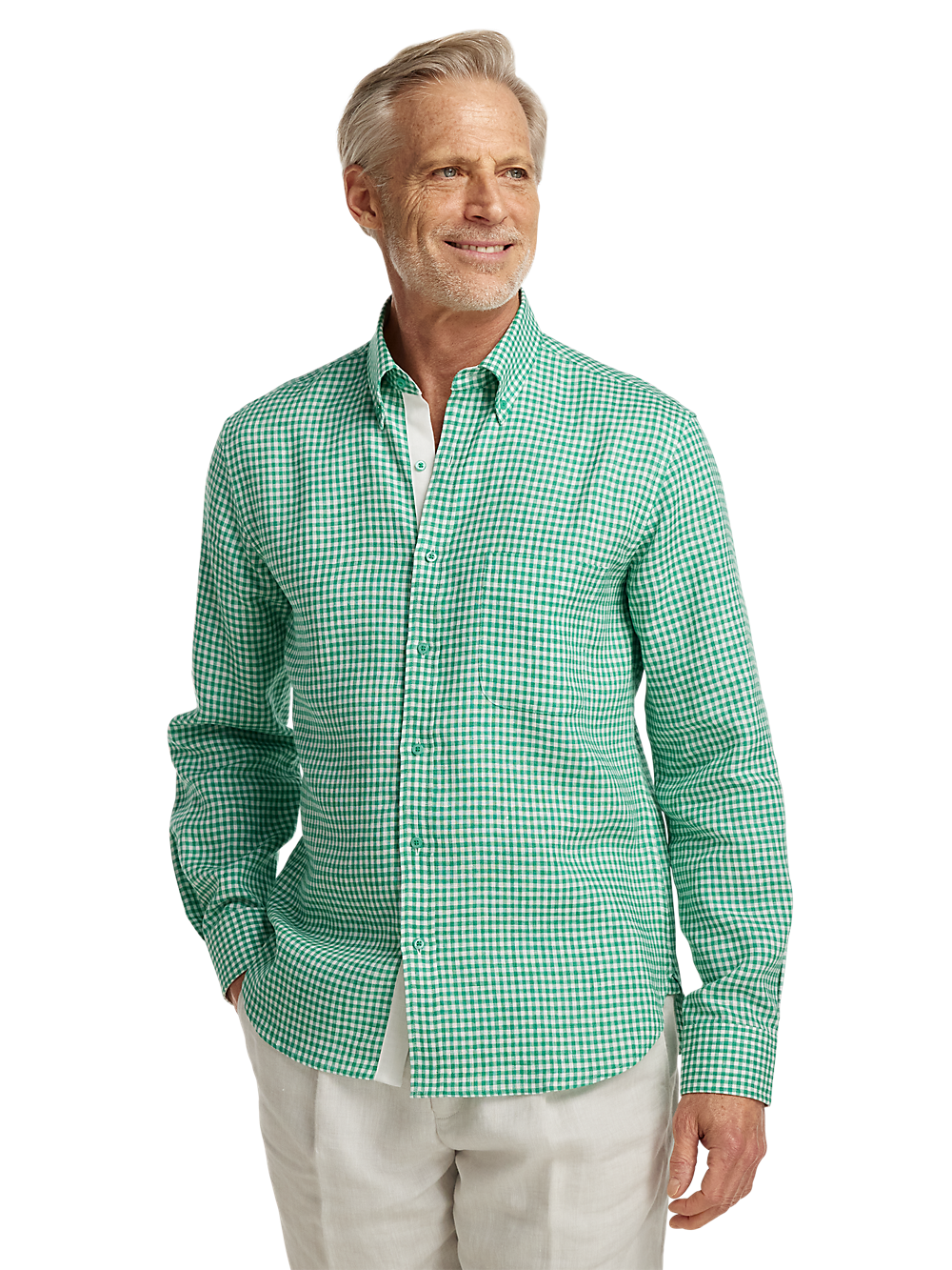 Linen Gingham Check Casual Shirt Green Paul Fredrick