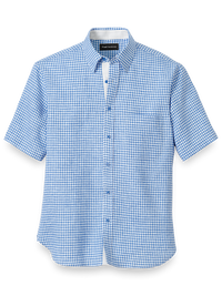 Linen Gingham Check Casual Shirt - Blue