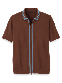 Cotton Full Zip Polo - Brown