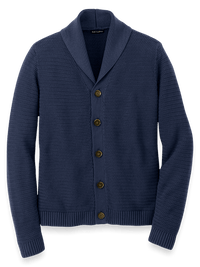 Cotton Button Front Shawl Collar Cardigan Sweater - Navy