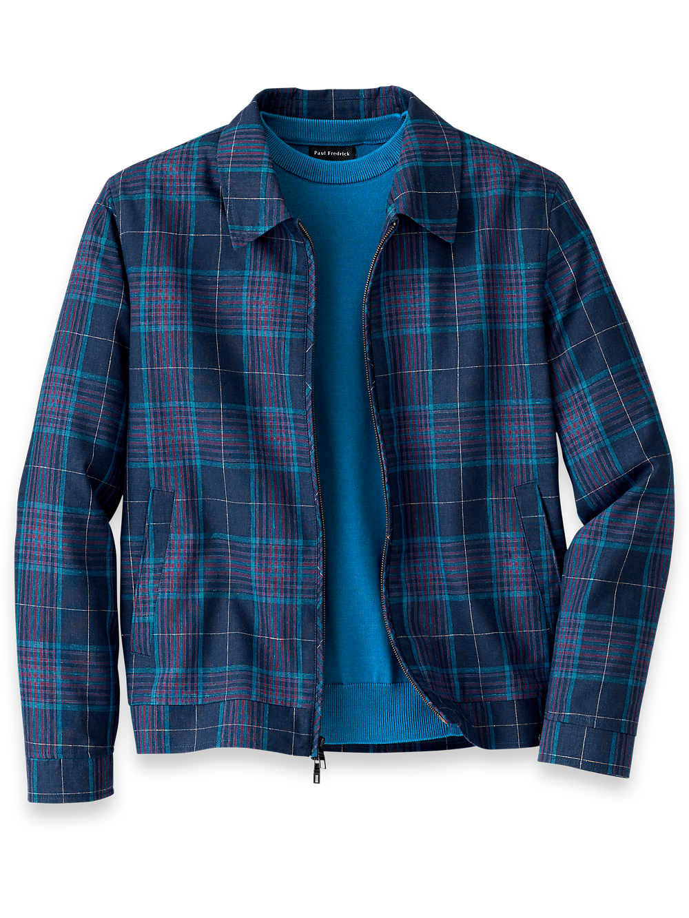 Product Image of Linen Blend Plaid Bomber Jacket-Navy Multi