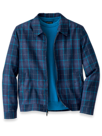 Linen Blend Plaid Bomber Jacket - Navy Multi