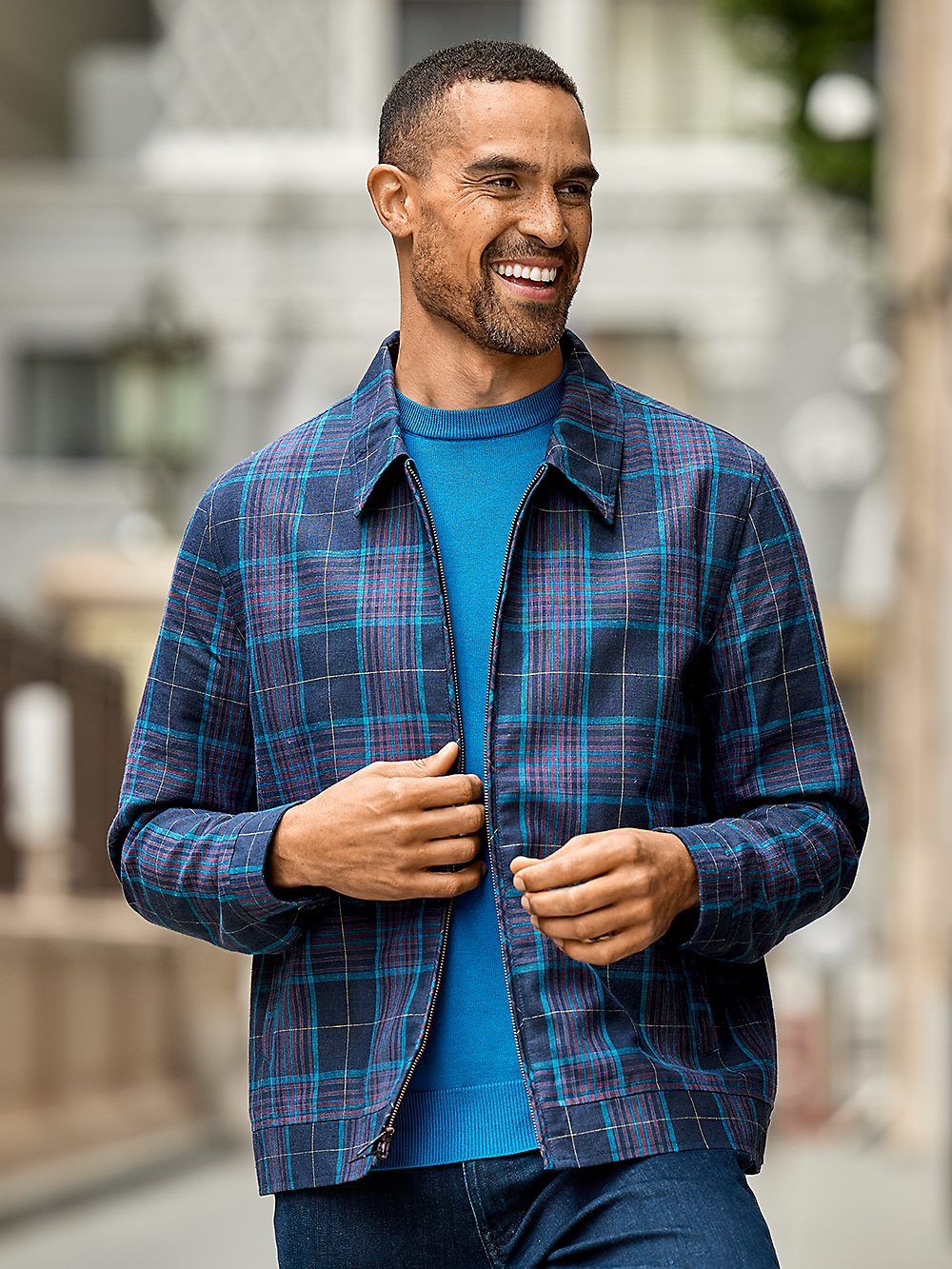 Alternate Image of Linen Blend Plaid Bomber Jacket-1